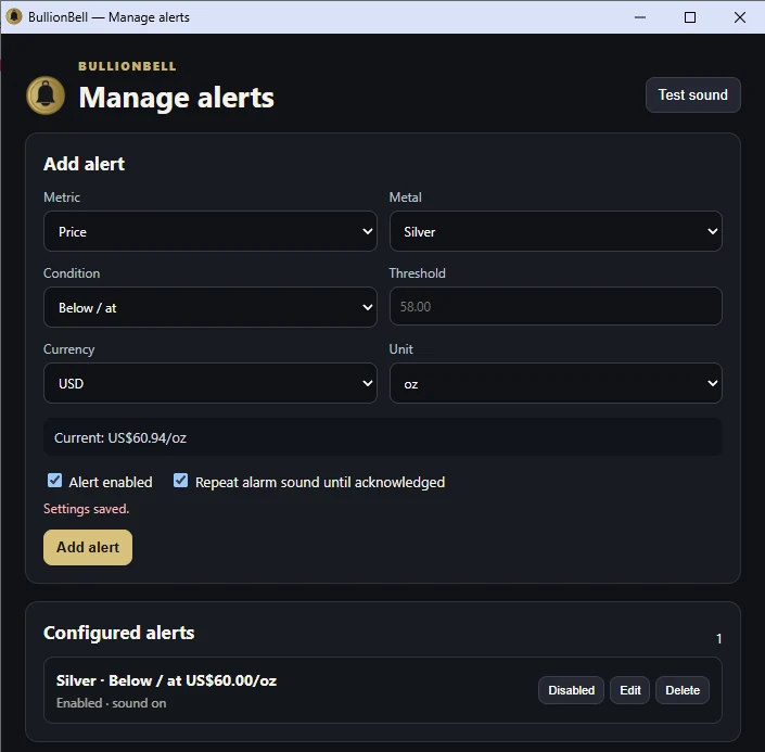 Alert configuration page with target price, currency, unit and sound options