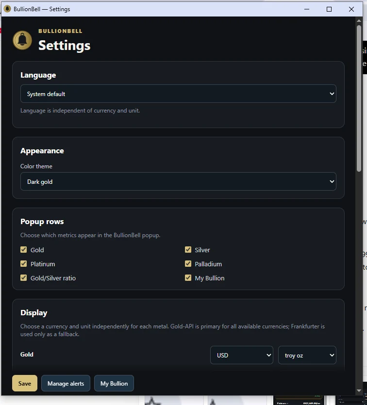 Settings page with language, themes and customizable popup rows